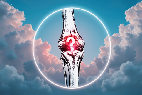 The femur, tibia, fibula, and patella bones are shown. There is a bright red spot on the knee joint, representing arthritis.