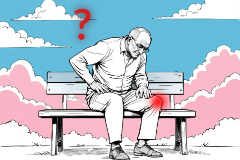 An elderly man sitting on a bench, holding his knee in pain with a confused expression and a question mark above his head, symbolizing the overlooked connection between knee pain and spinal problems.