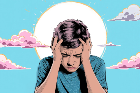 a 17-year-old teenager with Alzheimer's disease. He is holding his head in his hands, forgetting what he is thinking. The background is a light blue sky with pink and white clouds. There is a white circle behind the teen, with a golden pink glow. The medium shot focuses on the teen's emotional face, with pink lines around his body.