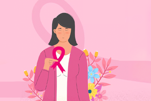 An illustration of a woman holding a pink ribbon, symbolizing breast cancer awareness, with a soft pink background and floral elements.