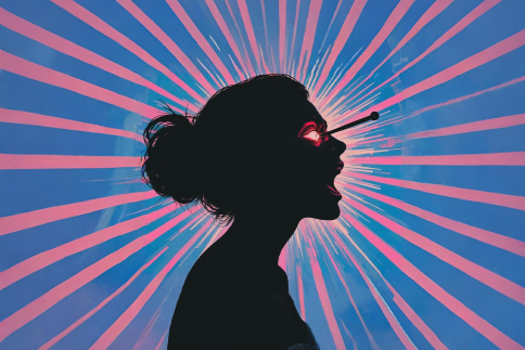 A silhouetted profile of a woman with a bun hairstyle, emitting a scream. Her eyes glow red, and a rod inserted into her right eye to the brain showing the horror of lobotomy, suggesting a sci-fi or surreal theme. The background features a gradient of blue with bold pink rays radiating outward.