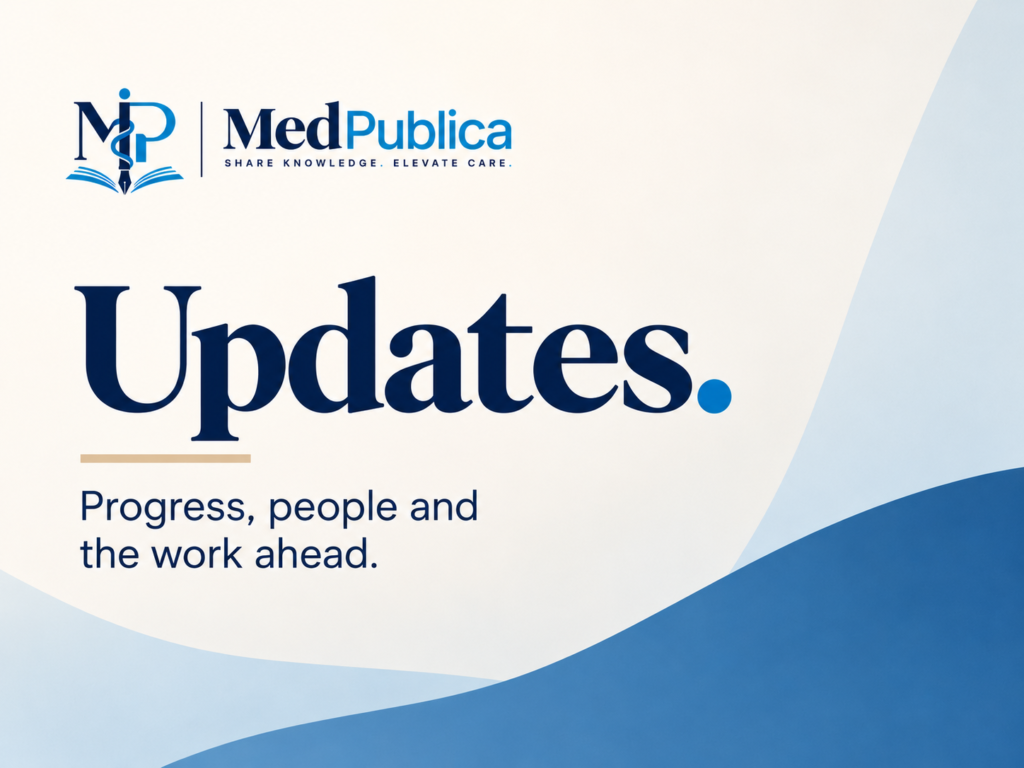MedPublica Updates announcement graphic featuring the official MedPublica logo, the heading “Updates,” and flowing blue shapes on a cream background.
