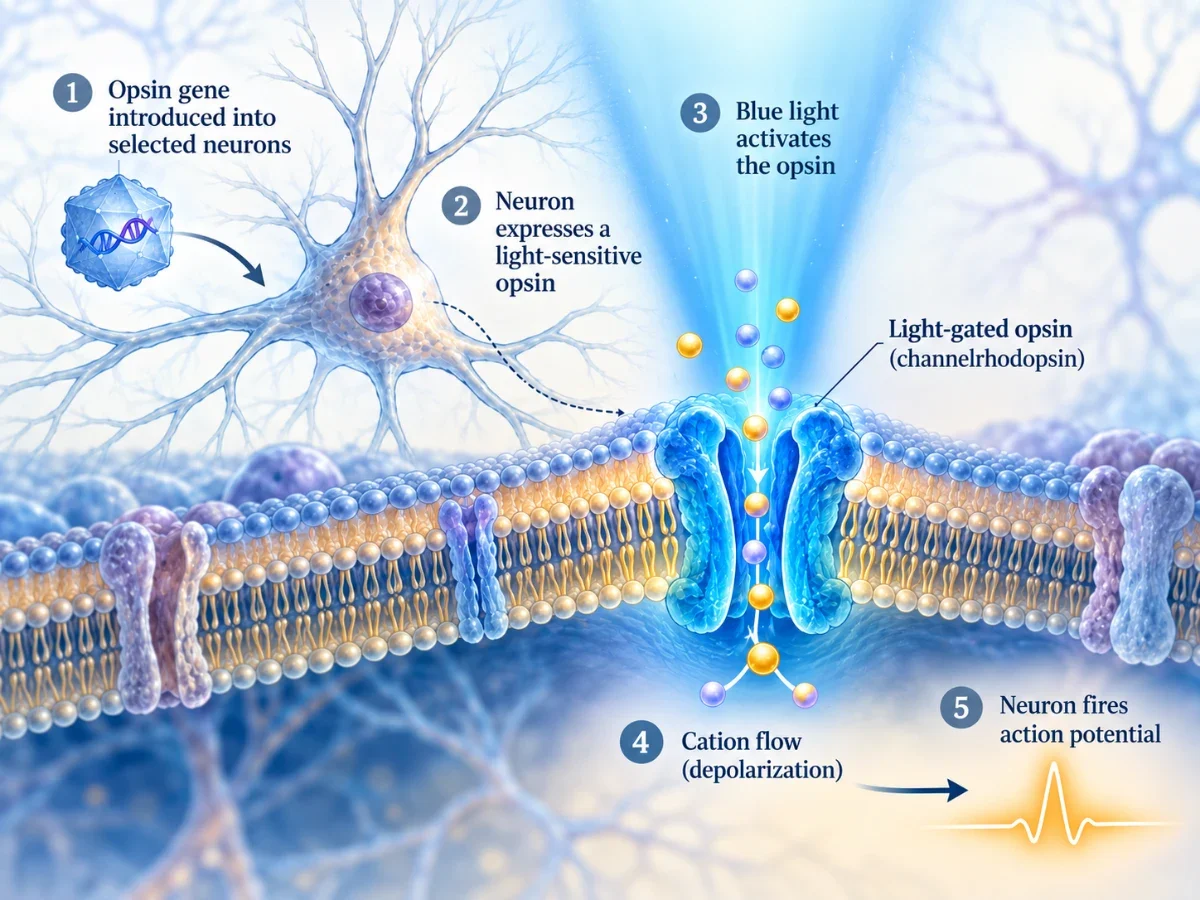 Diagram showing an opsin gene introduced into a selected neuron, followed by blue-light activation of a membrane channelrhodopsin, cation flow, depolarization and neuronal firing.