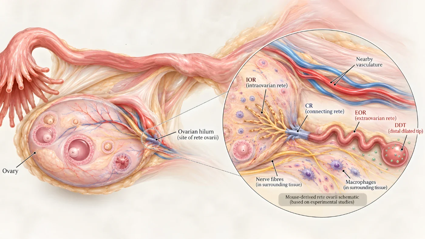 Medical illustration showing the ovary and ovarian hilum with an enlarged mouse-derived schematic of the rete ovarii, including the intraovarian, connecting and extraovarian region